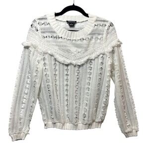 Trouvé Top Sheer Crochet Knit Sweater Ruffle‎ Trim Long Sleeve White Size S